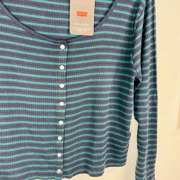 Levi’s Women’s LONG SLEEVE BRITT SNAP FRONT TOP  Green and Navy Stripes Size XL - Picture 8 of 12